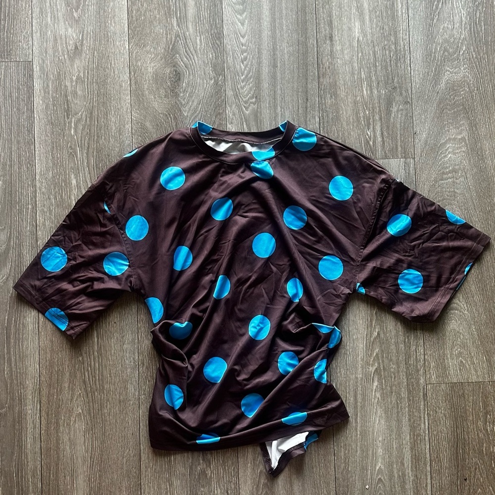 Brown Tee with Bright Blue Polka Dots NWOT